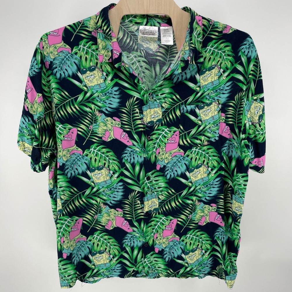 SpongeBob SquarePants Button Up Men 3XL Navy Tropical Patrick Aloha Shirt Good